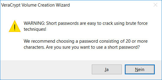 Verycrypt Short Password Warning