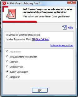 Avira Antivir erkennt einen Virus beim Updater des WinAPE CPC Emulators